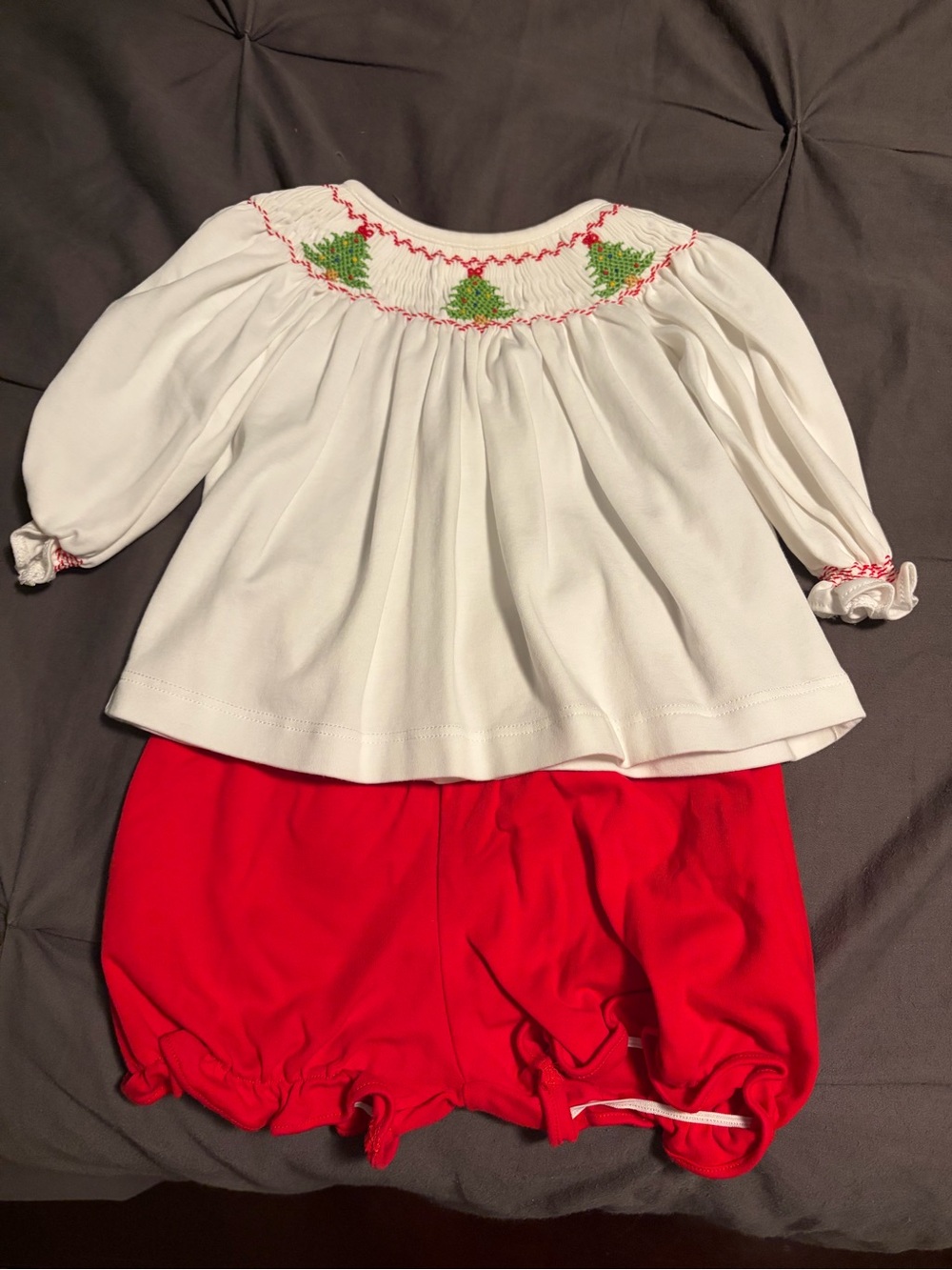 Baby Loren Christmas Tree Smocked Top and Red Bloomers Holiday Set